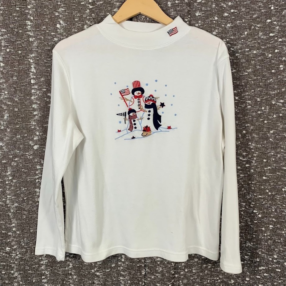 Mountain Lake Embroidered Patriotic Snowman Long Sleeve Shirt Women's M